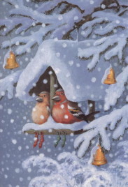 two chaffinches on a snow-covered bird-table, with their Christmas stockings hanging up