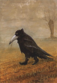 crow trudging across muddy field wearing tatty old-fashioned black boots