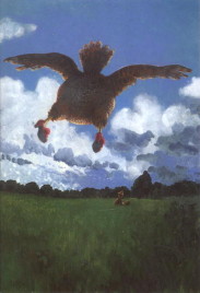 quail wearing red shoes with pompoms, about to crash-land in field, watched by her mate