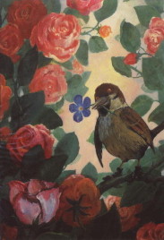 sparrow among pink roses, wearing black shoes and holding a blue flower