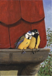 female blue-tit wearing blue shoes snuggling up to male great-tit wearing black shoes, sitting on gutter