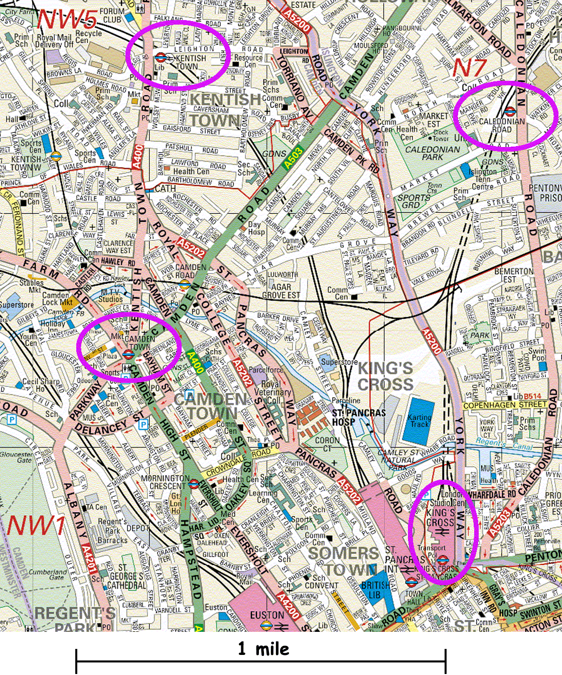 street map of Camden, with stations circled