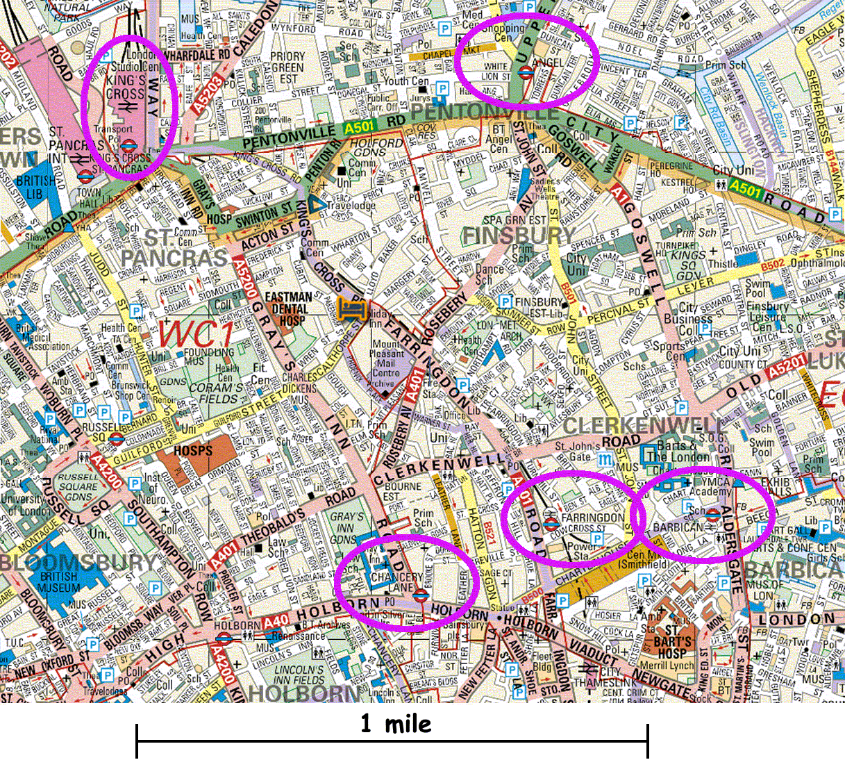 street map of Clerkenwell and Finsbury, with stations circled