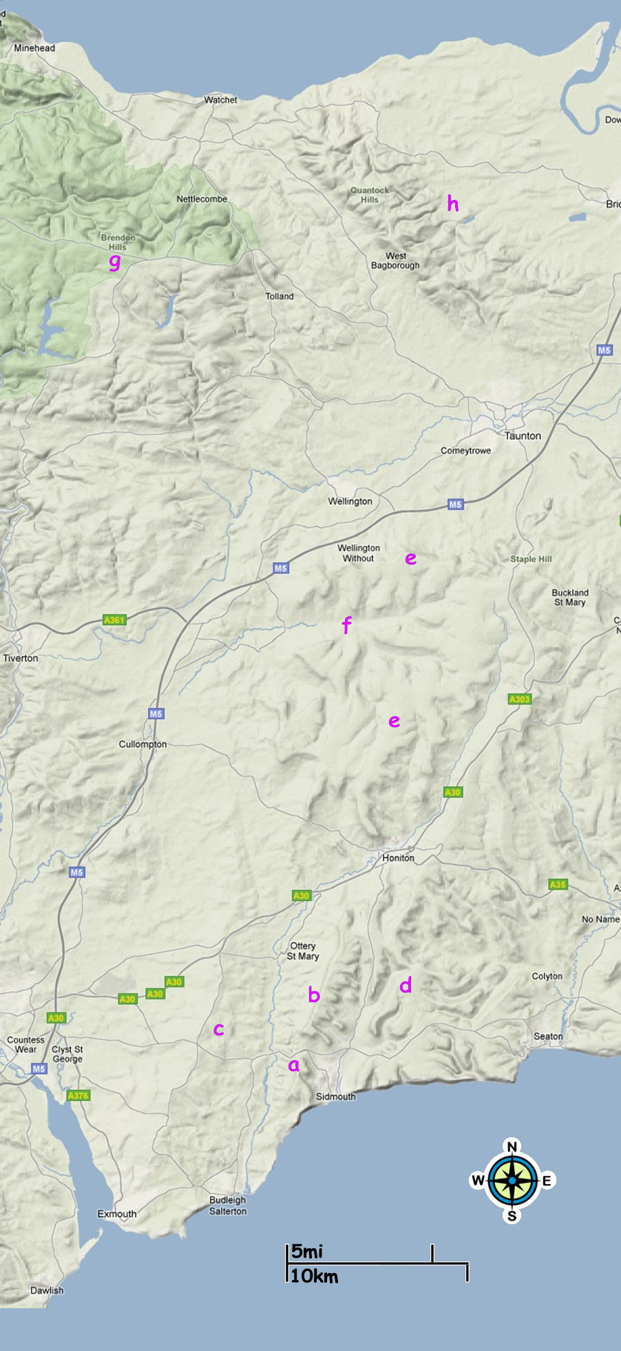 relief map of the major ranges of hills in Devon and Somerset