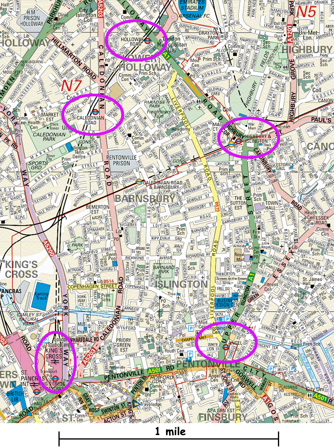 street map of Islington and Barnsbury, with stations circled