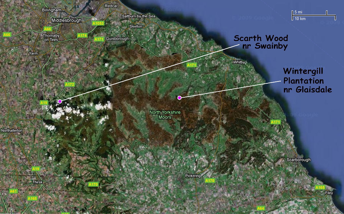 aerial view of North Yorkshire Moors with positions of Swainby and Glaisdale marked