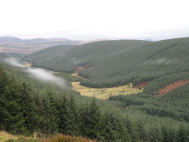 view across a valley with a small farm at the bottom hemmed in by a large connifer plantation