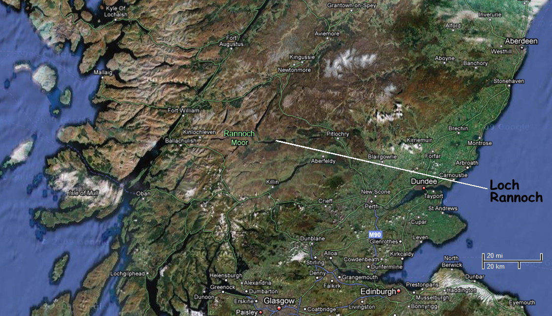 aerial view of Rannoch Moor with position of Loch Rannoch marked