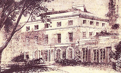 sepia drawing of square house with single-storey block at side