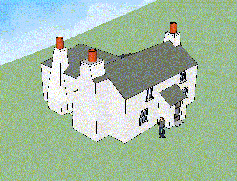 computer-generated coloured drawing of aerial view of small, complicated white cottage, seen corner-on