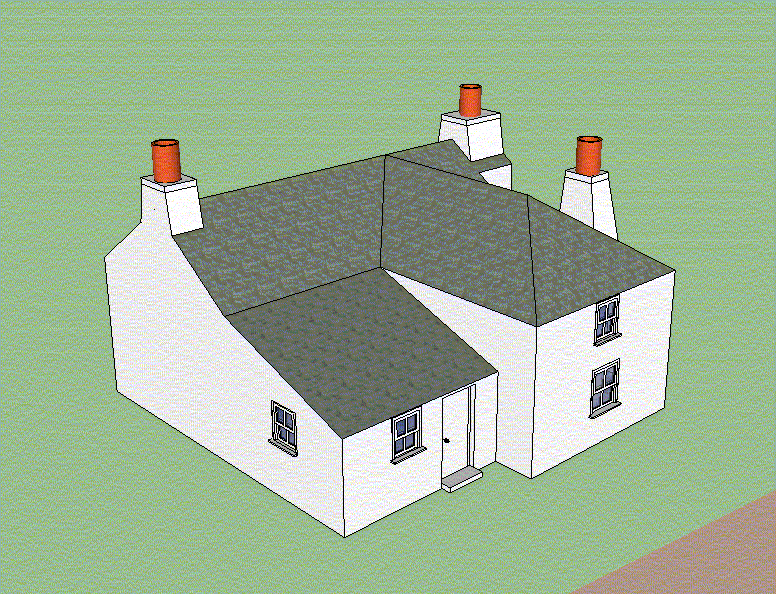 computer-generated coloured drawing of aerial view of small, complicated white cottage, seen corner-on