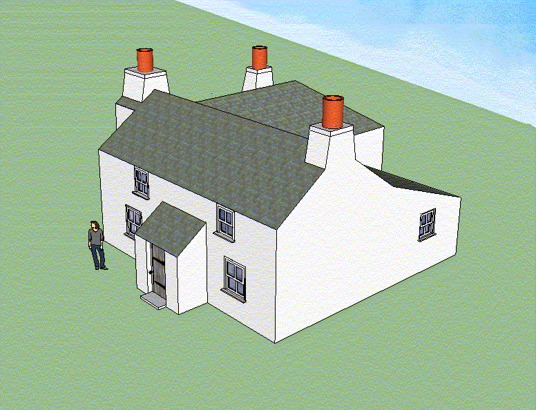computer-generated coloured drawing of aerial view of small, complicated white cottage, seen corner-on