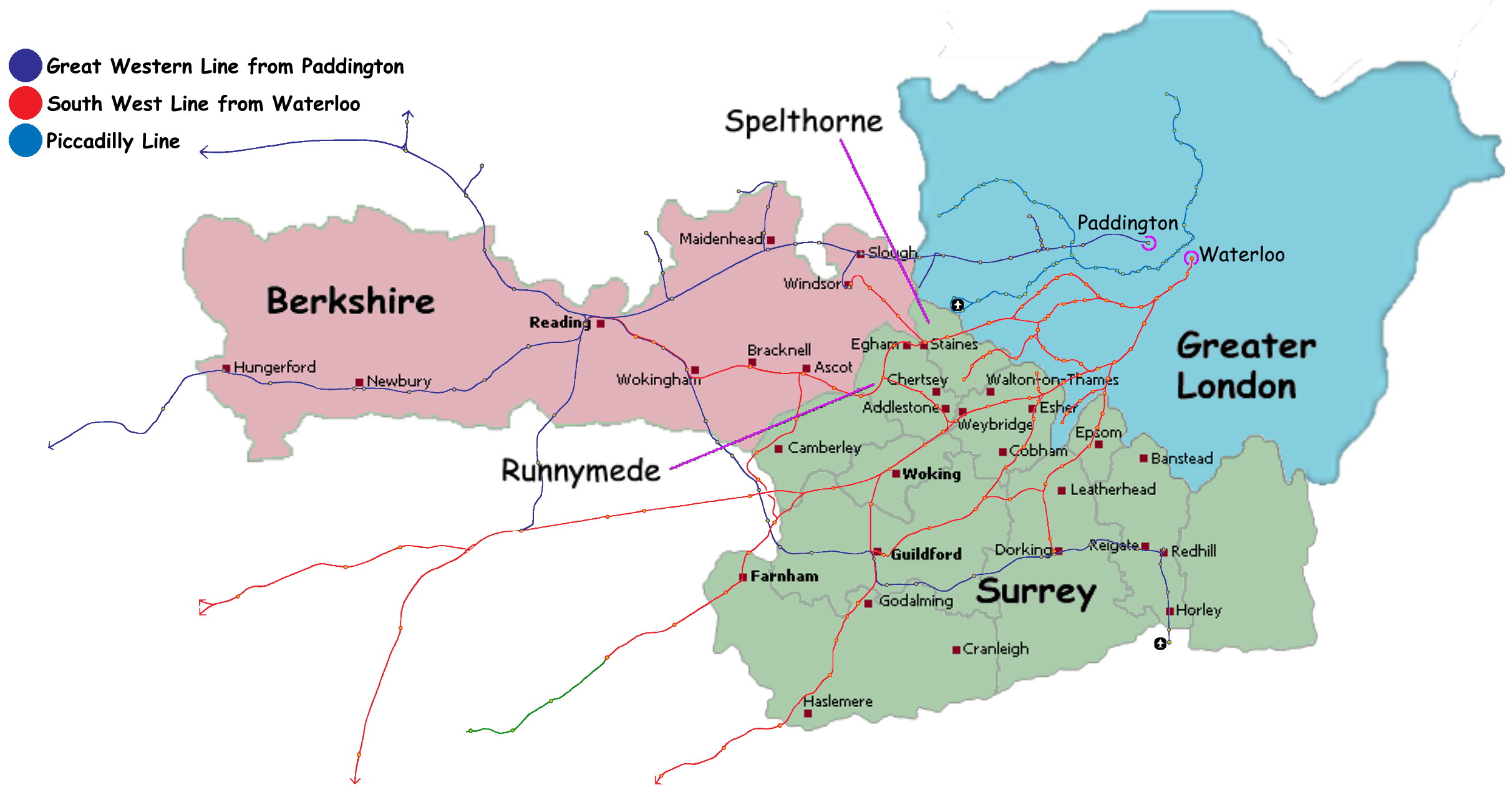 simple map of the counties of Surrey, Berkshire and Greater London with west-running train-routes superimposed