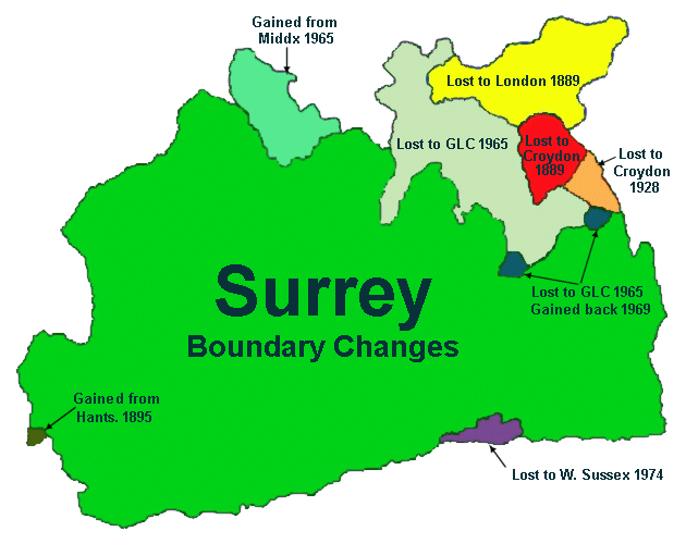 map of Surrey showing areas gained and lost since 1889