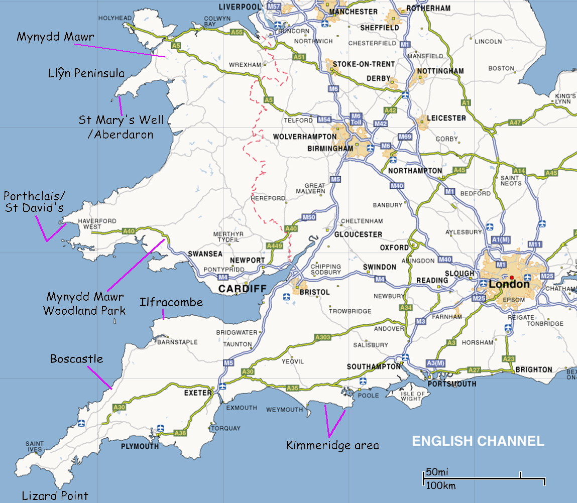 map showing location of natural black cliffs in England and Wales