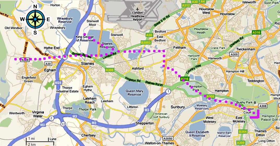 map of the area around Stanwell and Hounslow, showing a flight-path which turns right at Feltham