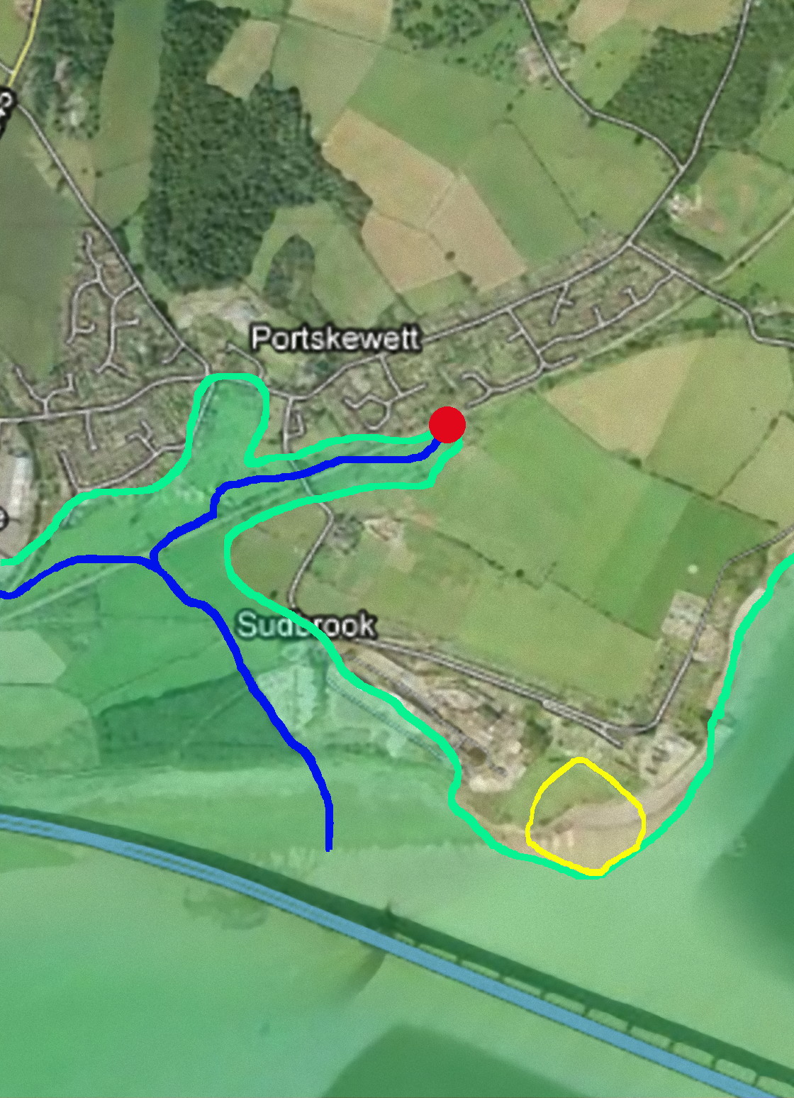 aerial view of a headland sticking out into the Severn, with the position of various features superimposed  as coloured lines