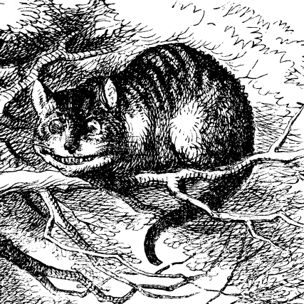 shaded line drawing of a cartoonish cat crouching on a branch, grinning