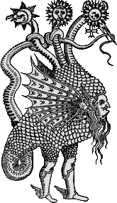line-art of a bizarre symbolic alchemical beast vaguely like a basilisk, with booted legs, its wings where its ears should be, a long-bearded human face, and three tentacles growing out of its head, each terminating in an astronomical symbol, with its tail being knotted through the head-tentacles