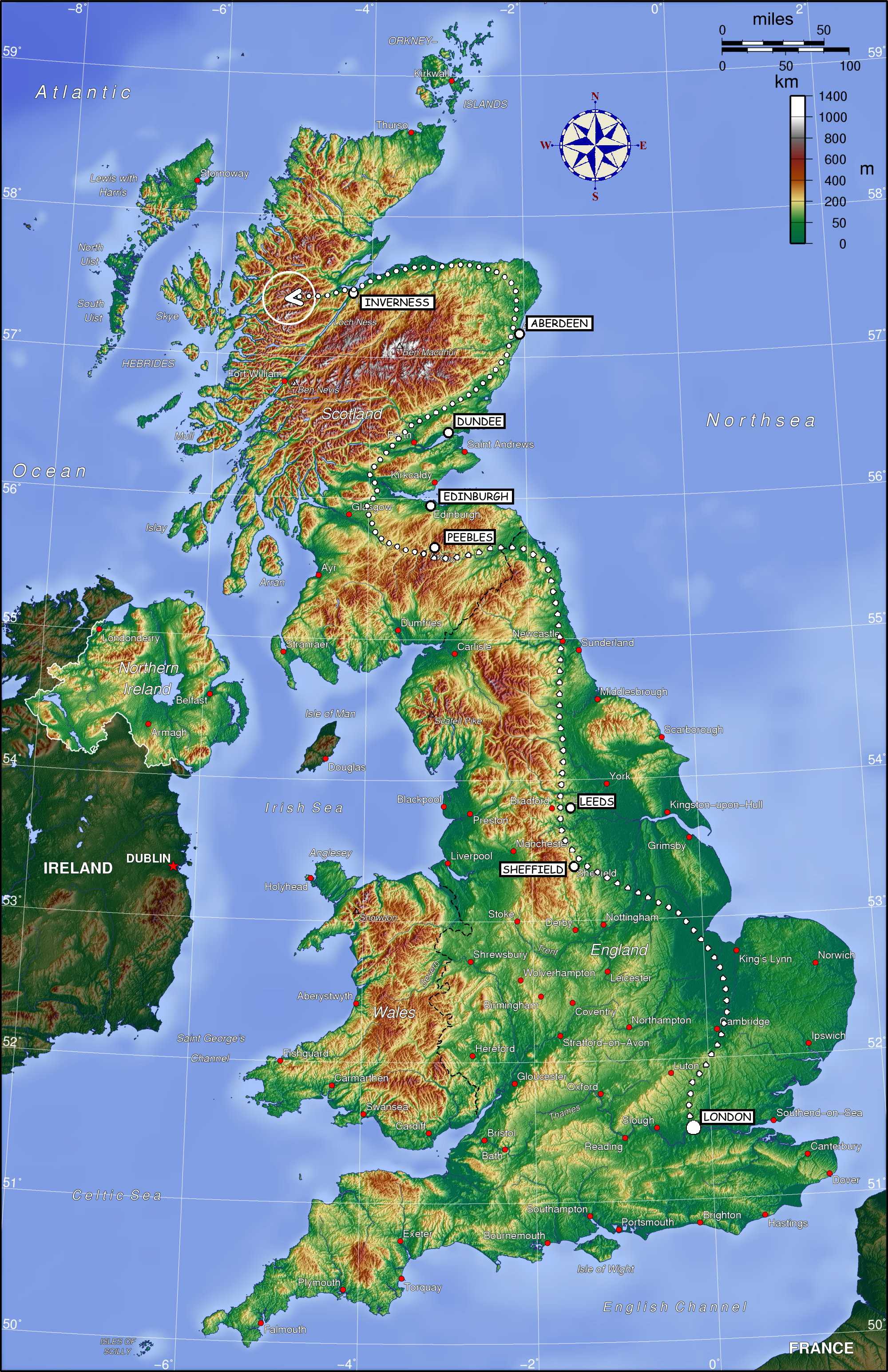 map showing possible route of the Hogwarts Express through England and Scotland