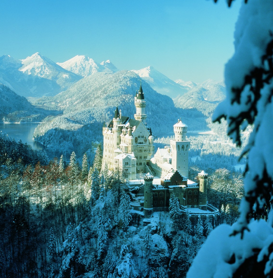Bavarian gothic-revival castle, covered in frost