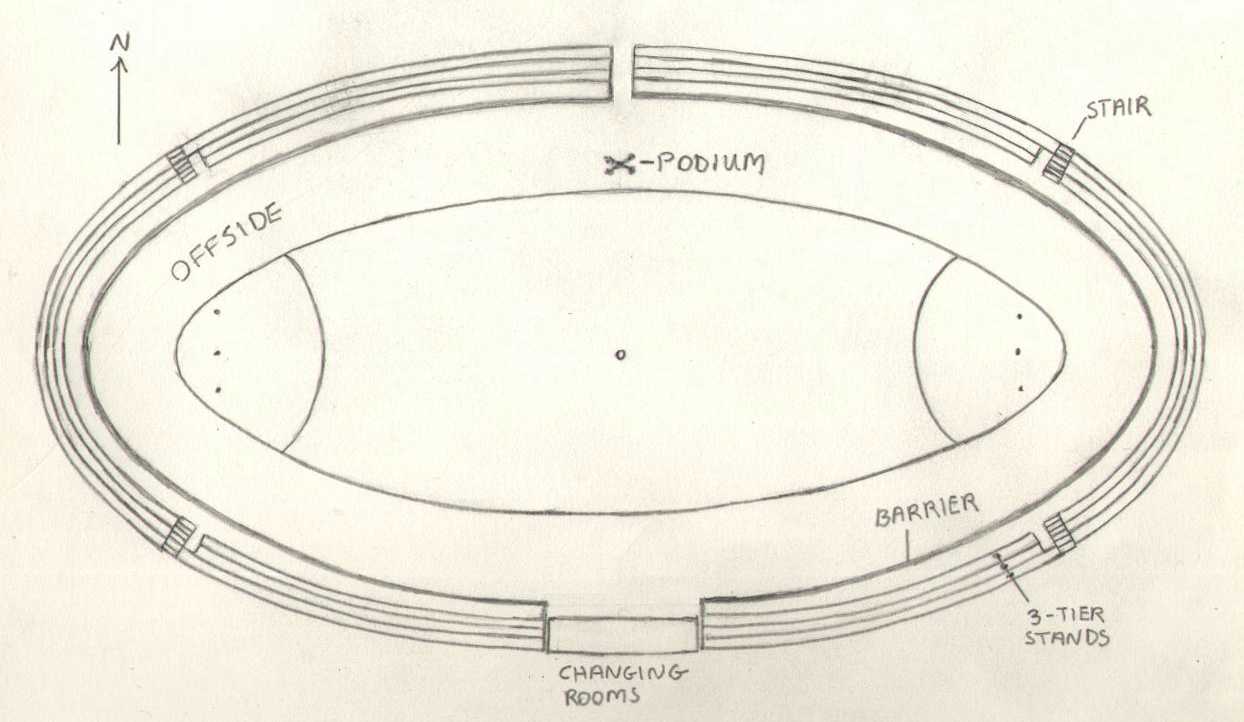 suggested layout for Quidditch pitch, showing stands etc.