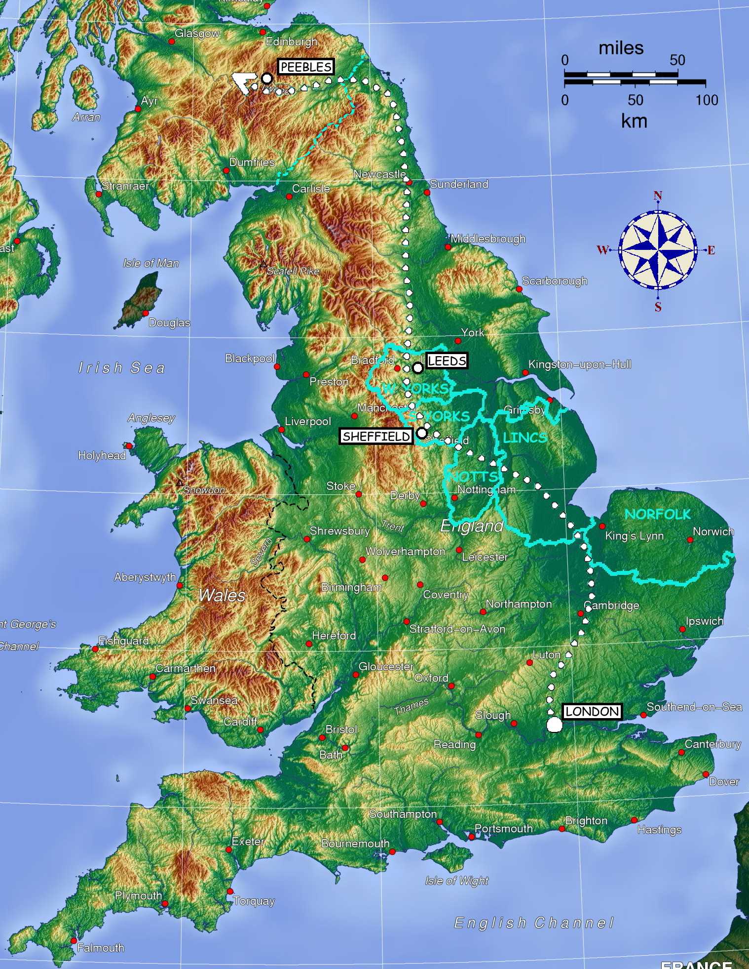 map showing the probable route of the Hogwarts Express between London and Peebles