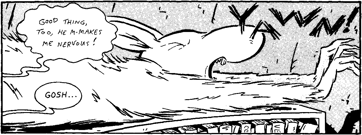 Comic-type drawing of head and shoulders of alien creature, resembling large rat with donkey ears, stretching and yawning