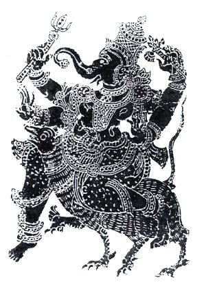Mural in black blocks and white lines, showing elephant-headed Hindu god Ganesh riding on a rat