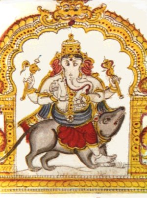 Drawing of elephant-headed Hindu god Ganesh riding on a rat