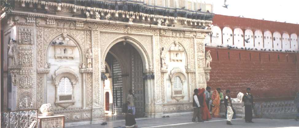 Detailed shot across temple entrance, showing carvings