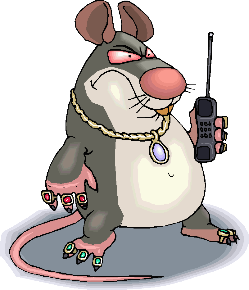 Coloured cartoon of gangsterish rat standing on hind-legs, wearing rings on every finger and toe and clutching a cell-\'phone