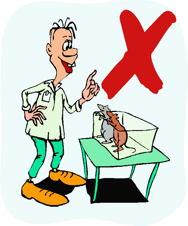 Coloured cartoon of man in lab. coat talking to two rats who are standing up looking out of a tank - with red cross to denote error