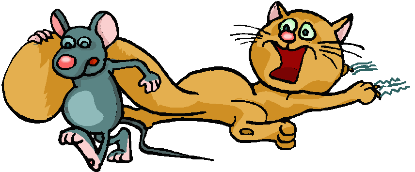 Coloured drawing of grey rat dragging ginger cat by its tail