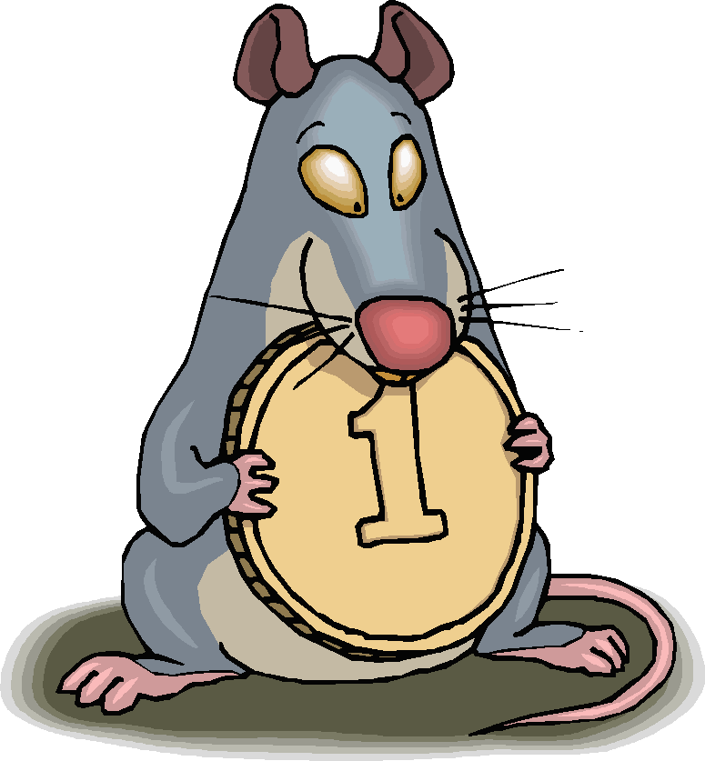 Cartoon clipart of grey rat sitting up clutching chocolate coin with 