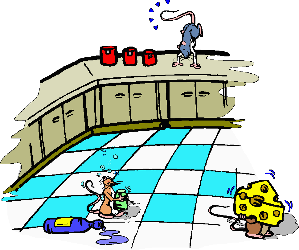 Coloured cartoon 3 rats romping in a kitchen - one doing handstands on the worksurface, one running off with a cheese and one getting drunk