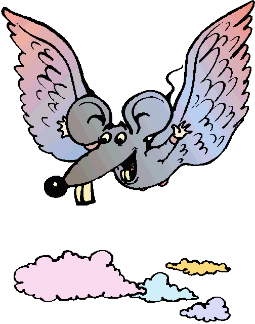 Coloured cartoon of winged rat-angel flying through clouds