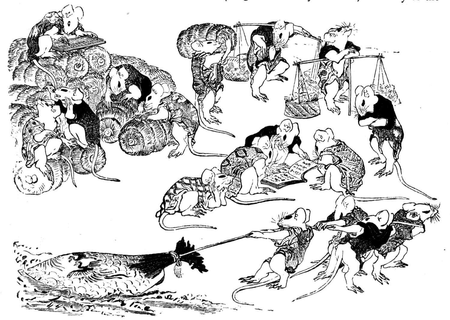 Black & white drawing of groups of rats dressed in oriental clothes and working like human villagers