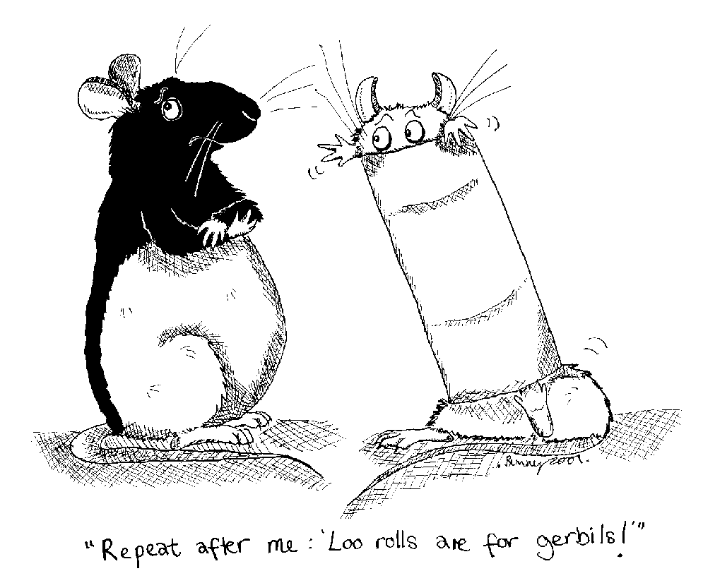 Cartoon of exasperated adult doe scolding a young rat who is stuck in a cardboard tube