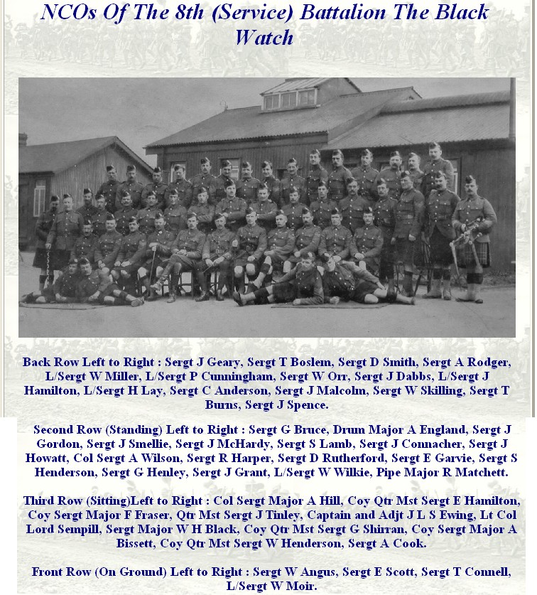 greyscale photo\' showing four ranks of men in kilts: standing on chairs, standing on the ground, sitting on chairs and lying on the ground, in front of a building with a corrugated roof