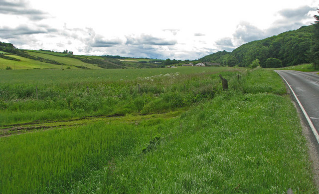 rolling emerald-green meadows with a farm in the middle distance half-hidden by the swell of the land