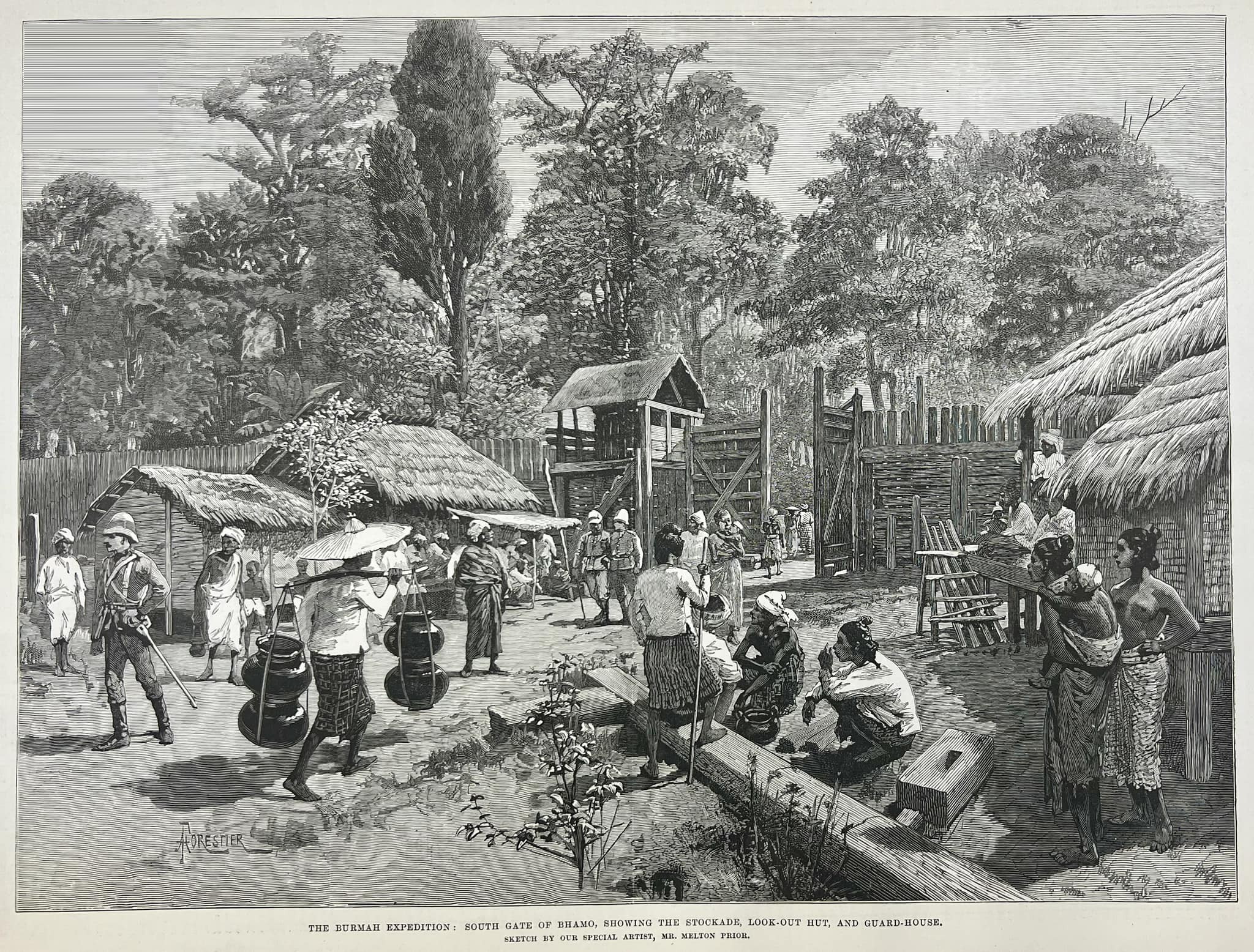 sepia Victorian drawing of Burmese workers and white officers outside a wooden stockade and gate