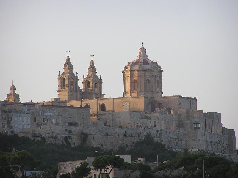 view up a wooded slope towards a looming mass of walls and elaborate domes and turrets against the skyline, all in a pale snuff-coloured stone