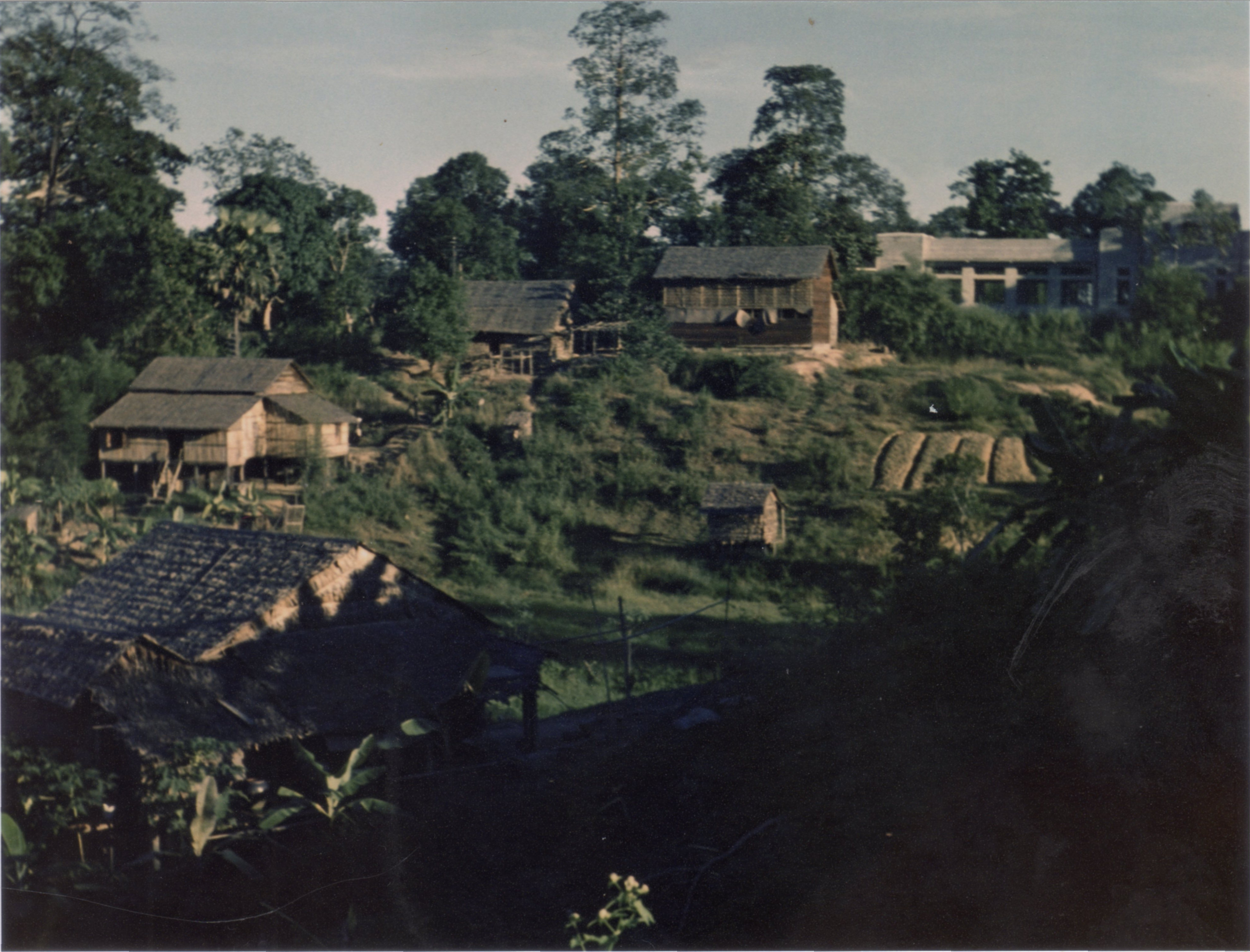 old photo of wooden houses on a green slope