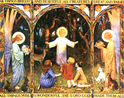 painting arranged like a triptych, with three archways through which we see a woodland scene of a six-year-old Jesus appearing to some modern children and British woodland animals, with an angel either side, arranged so that Jesus is in the centre panel and the angels at the sides even though the scenery is continuous; the line \'All things bright and beautiful, All creatures great and small\' appears above the picture, and \'All things wise and wonderful, The Lord God made them all\' below it