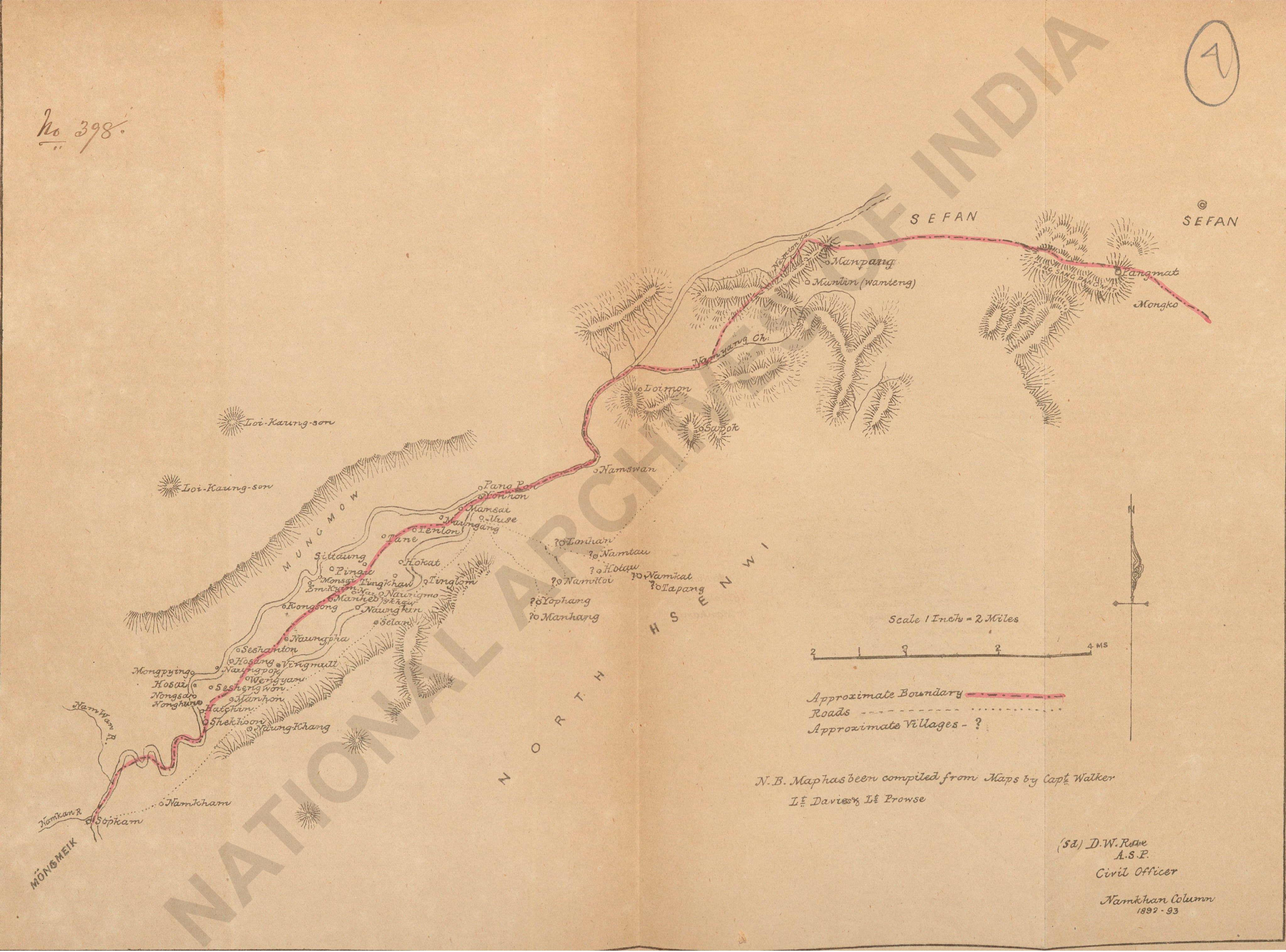 yellowing hand-drawn map of border area north of Namkham