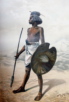 watercolour of a black soldier wearing a sort of cream-coloured kilt and with his hair bound in such a way as to make it stick up like a balloon above his head