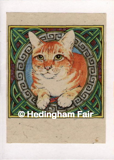 head and shoulders of ginger cat on knotwork background