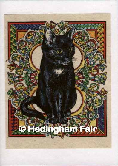 seated black cat on knotwork background