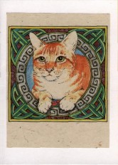 head and shoulders of ginger cat on knotwork background